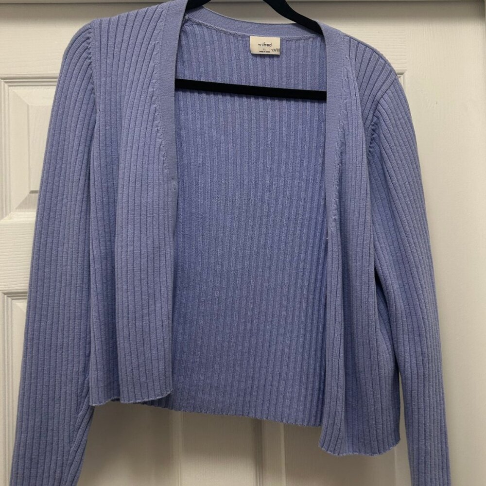 Wilfred by Aritzia Purple Ribbed Cropped Open Front Cardigan